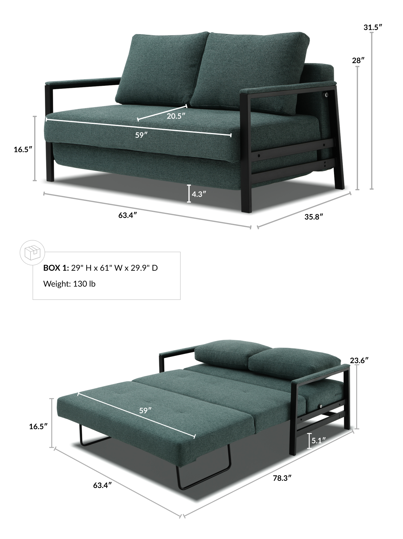 Alure 2 Seat Sofa Bed dimensions