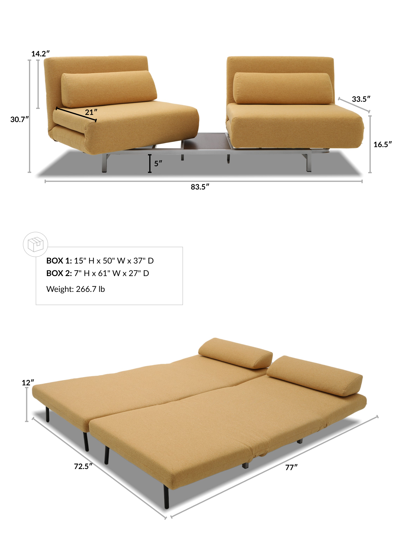Ardina 2 Seat Sofa Bed dimensions