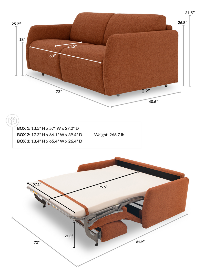 Aspen 2 Seat Sofa Bed dimensions