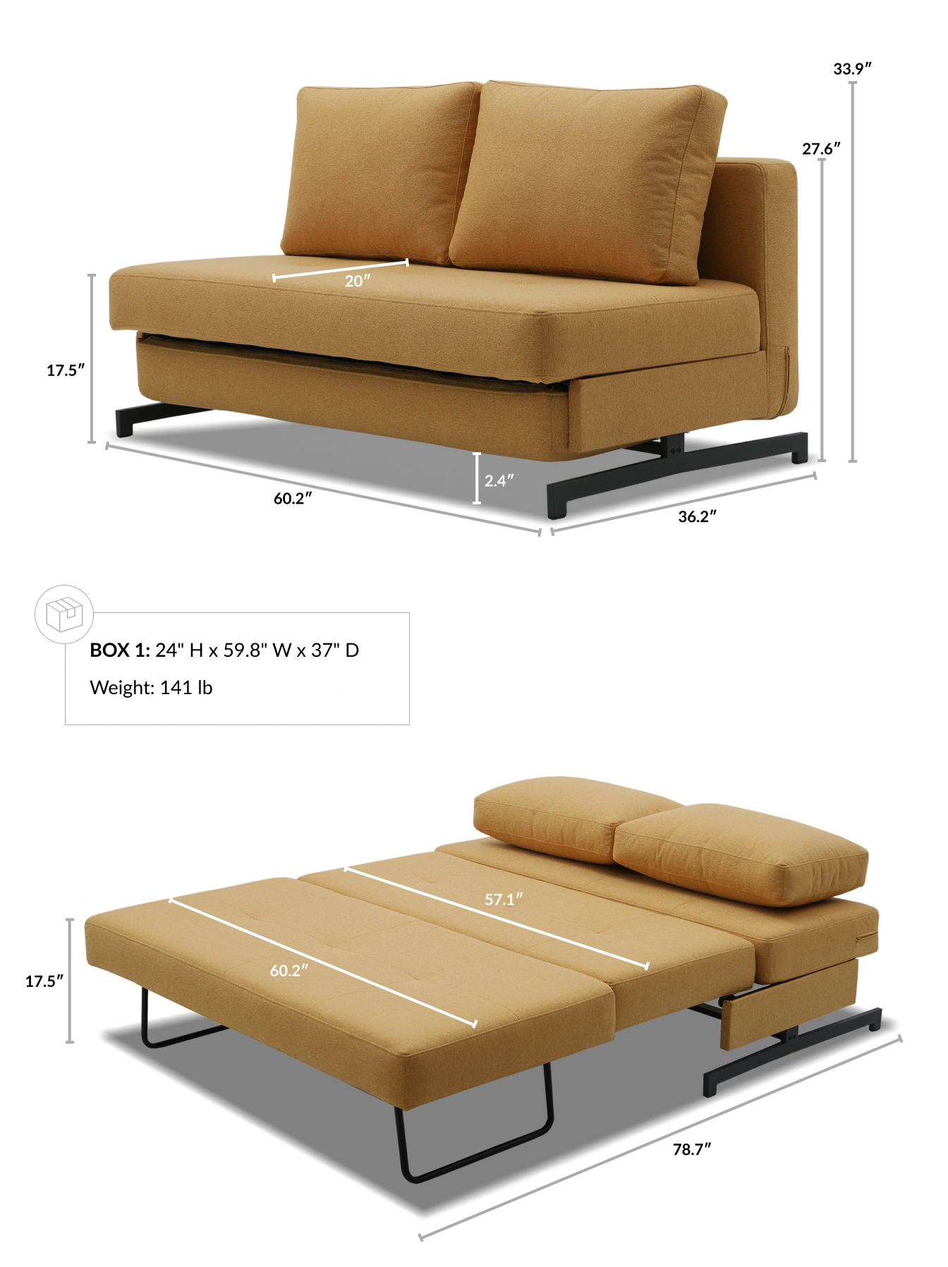Bamton Armless Sofa Bed dimensions