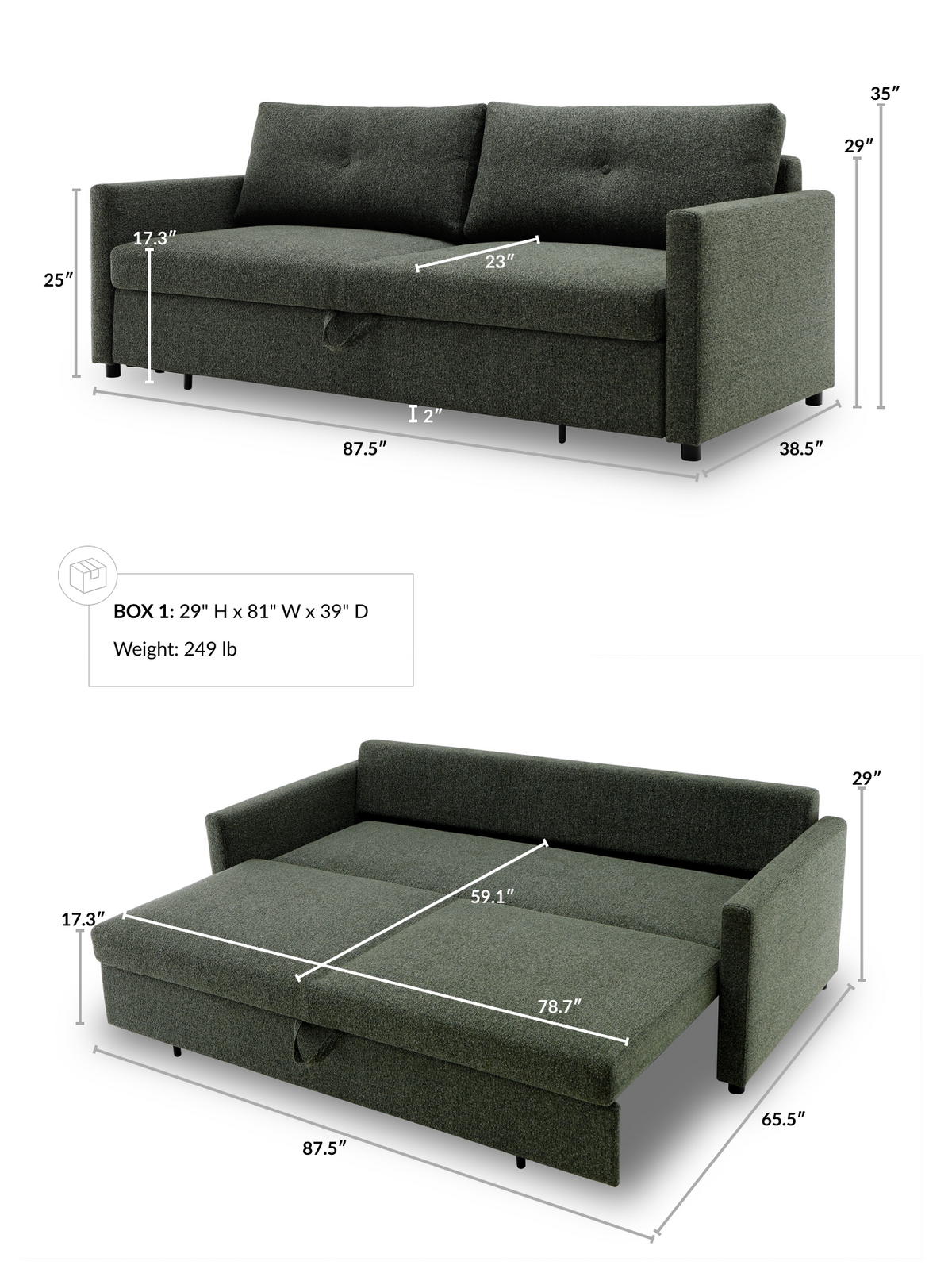 Cenna 3 Seat Sofa Bed dimensions