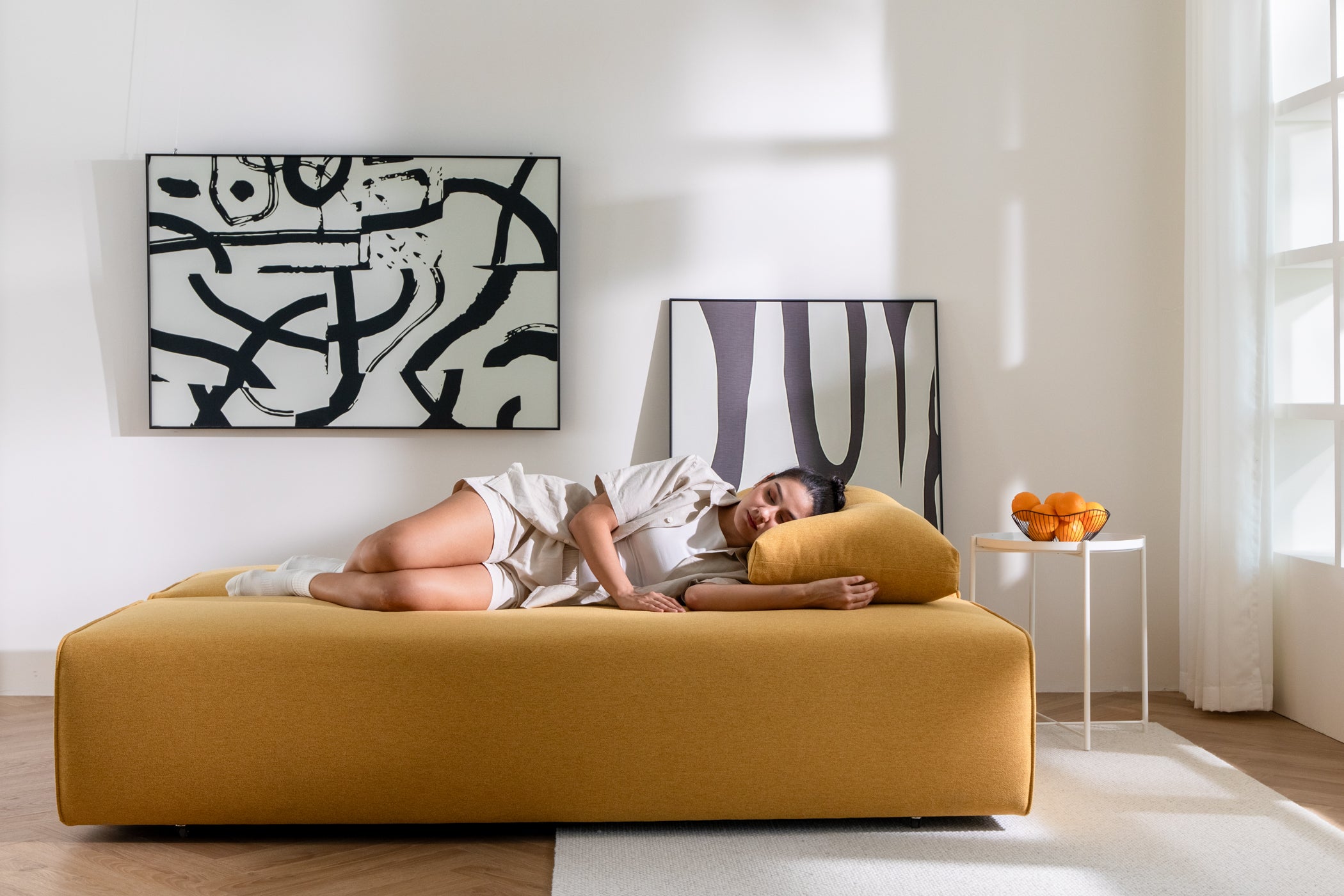DUNCAN Tuscany Yellow Lifetyle With Model 3 seat sofa bed