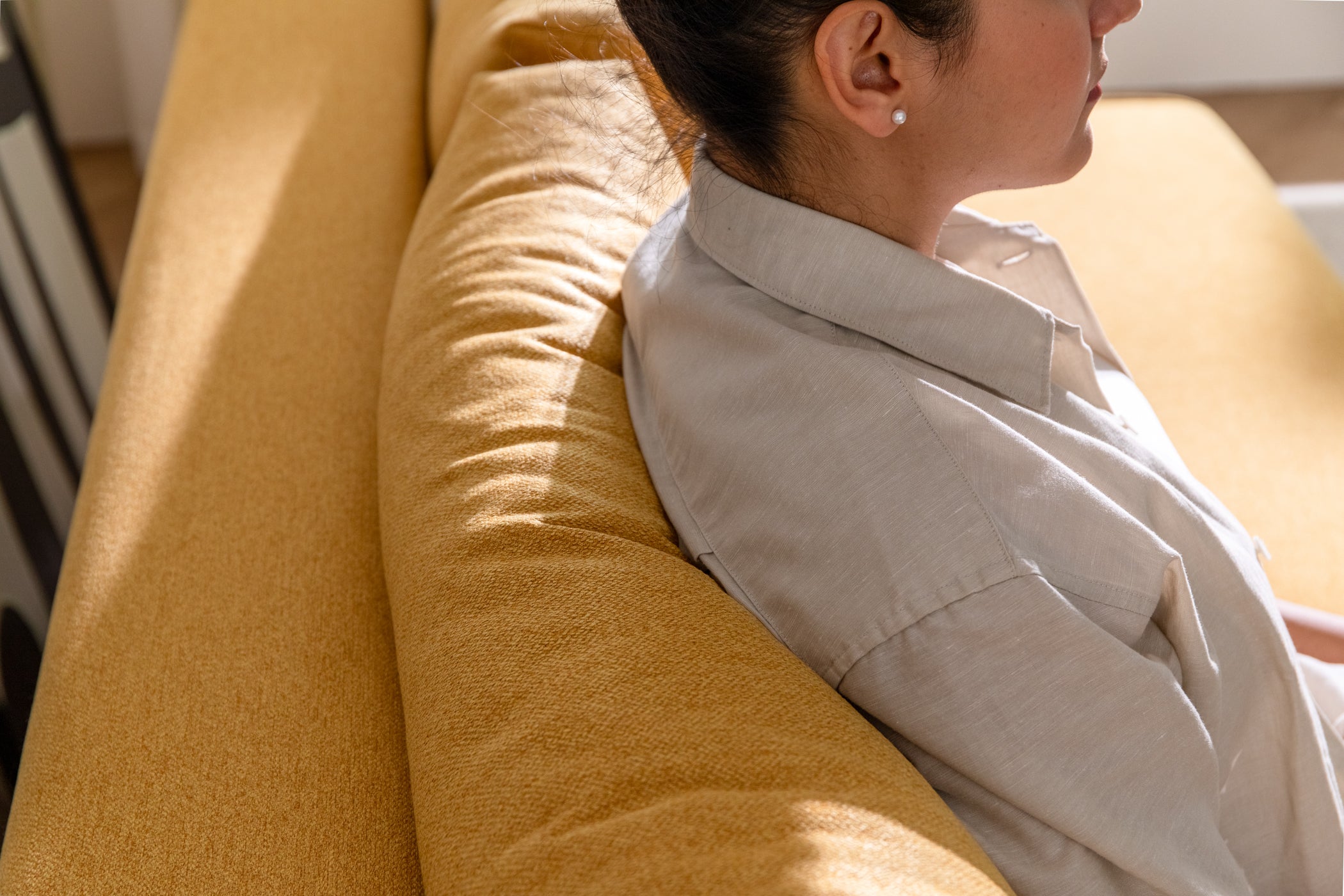 DUNCAN Tuscany Yellow Lifetyle With Model 3 seat sofa bed