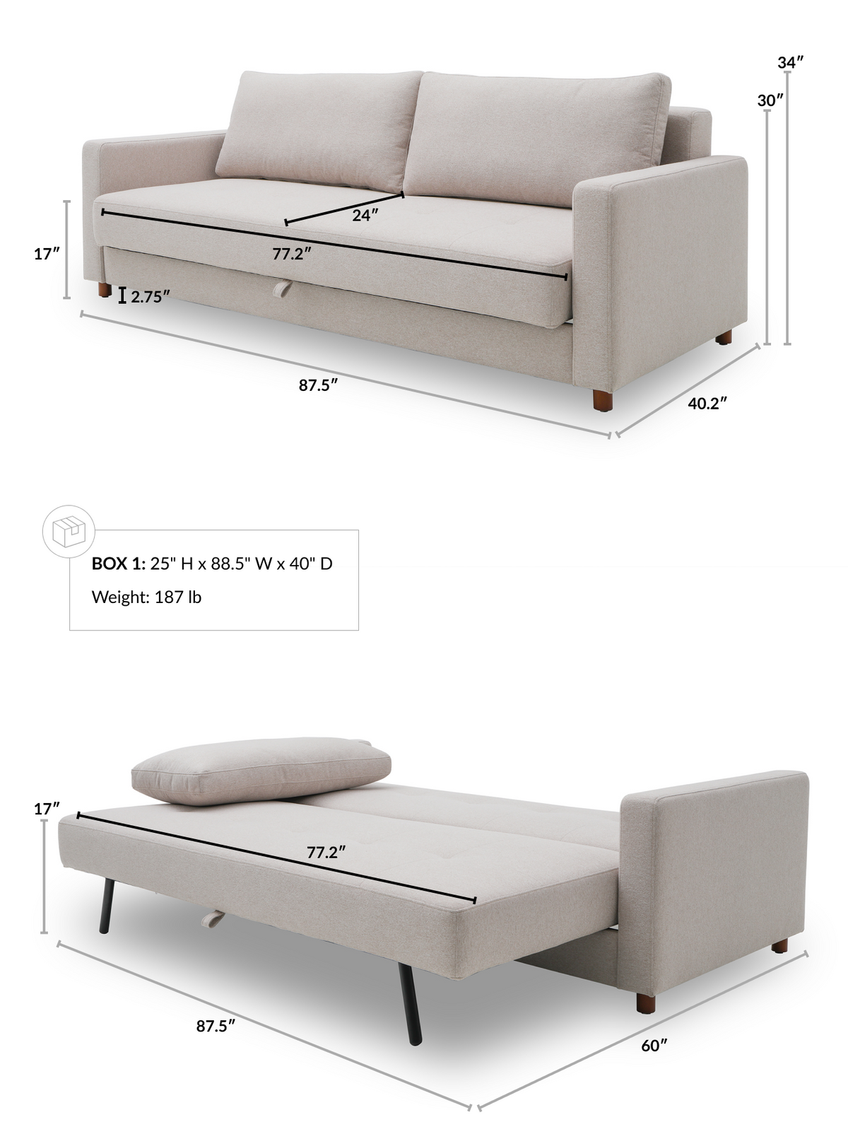 Luna 3 Seat Sofa Bed dimensions